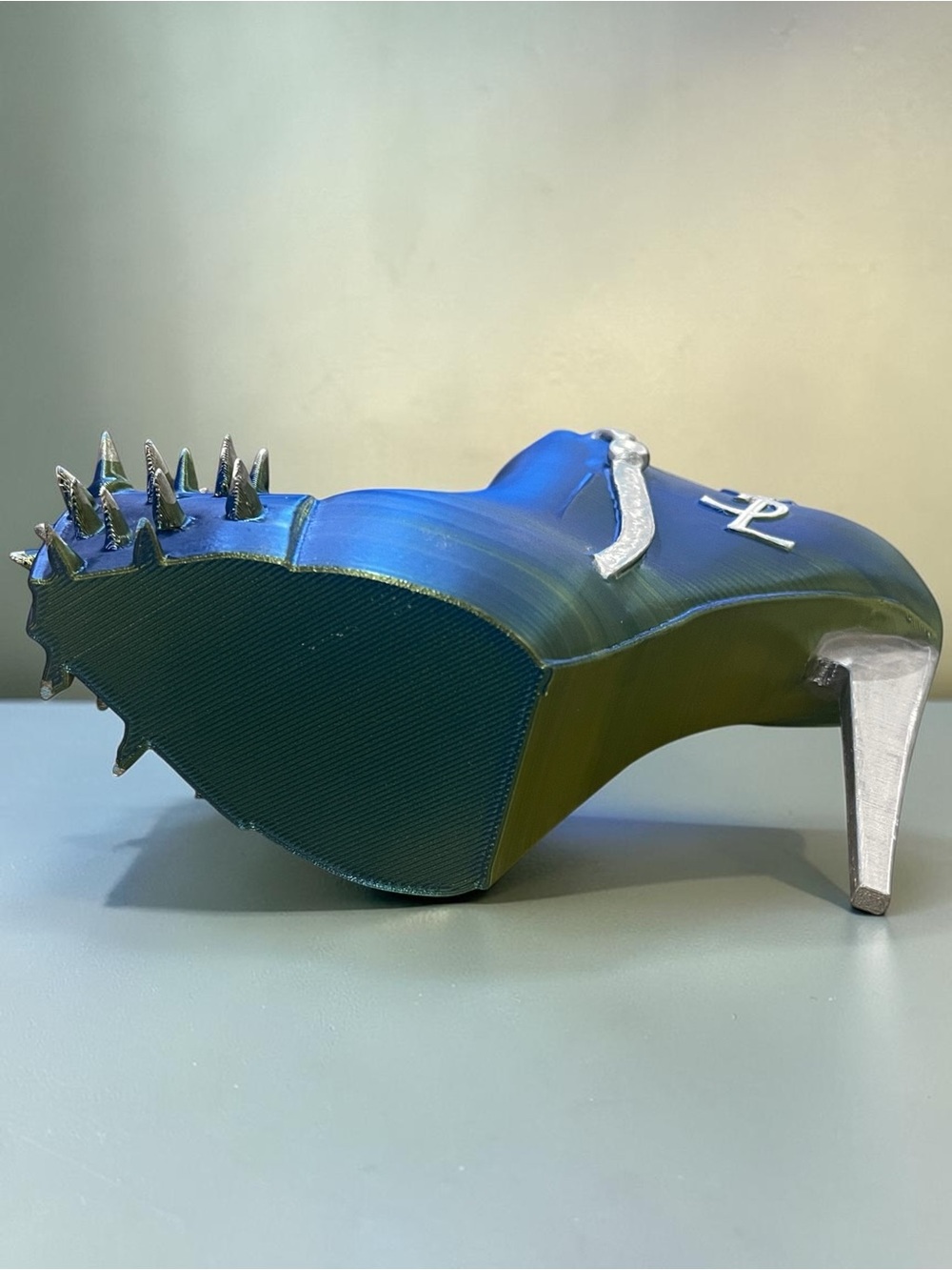 3d Hand Crafted YSL Logo Green & Blue Metallic Silver Spike-Heel Accent Stiletto - Picture 13 of 15